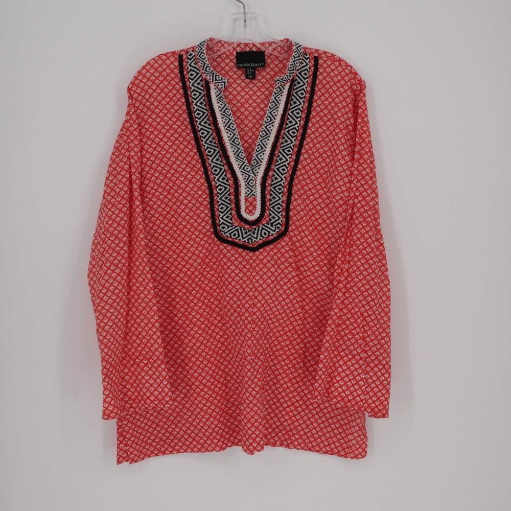 Cynthia Rowley Women's Red Boho Geometric Embroidered V-Neck Tunic Size XL